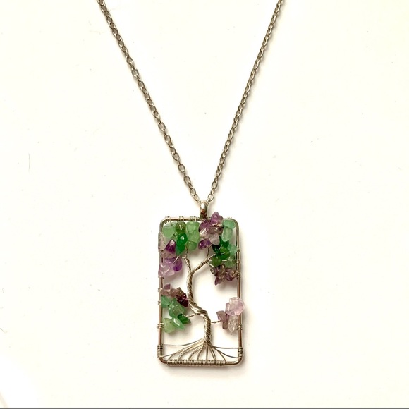 Silver Tree of Life Stone Pendant Necklace - Picture 5 of 8